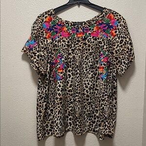 Leopard Print Top with Floral Embroidery